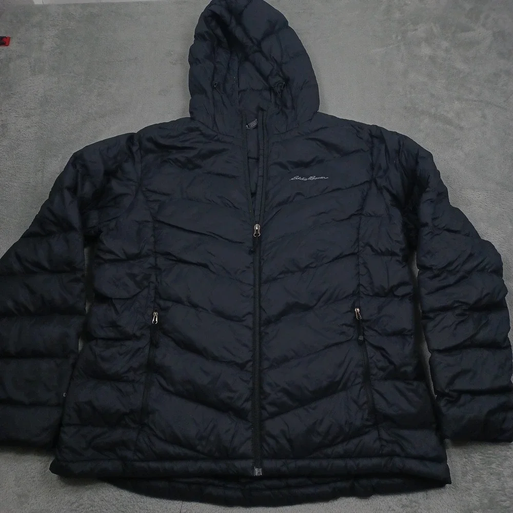 Eddie Bauer‎ Jacket Womens XL Black EB650 Down Full Zip Hooded Pockets
